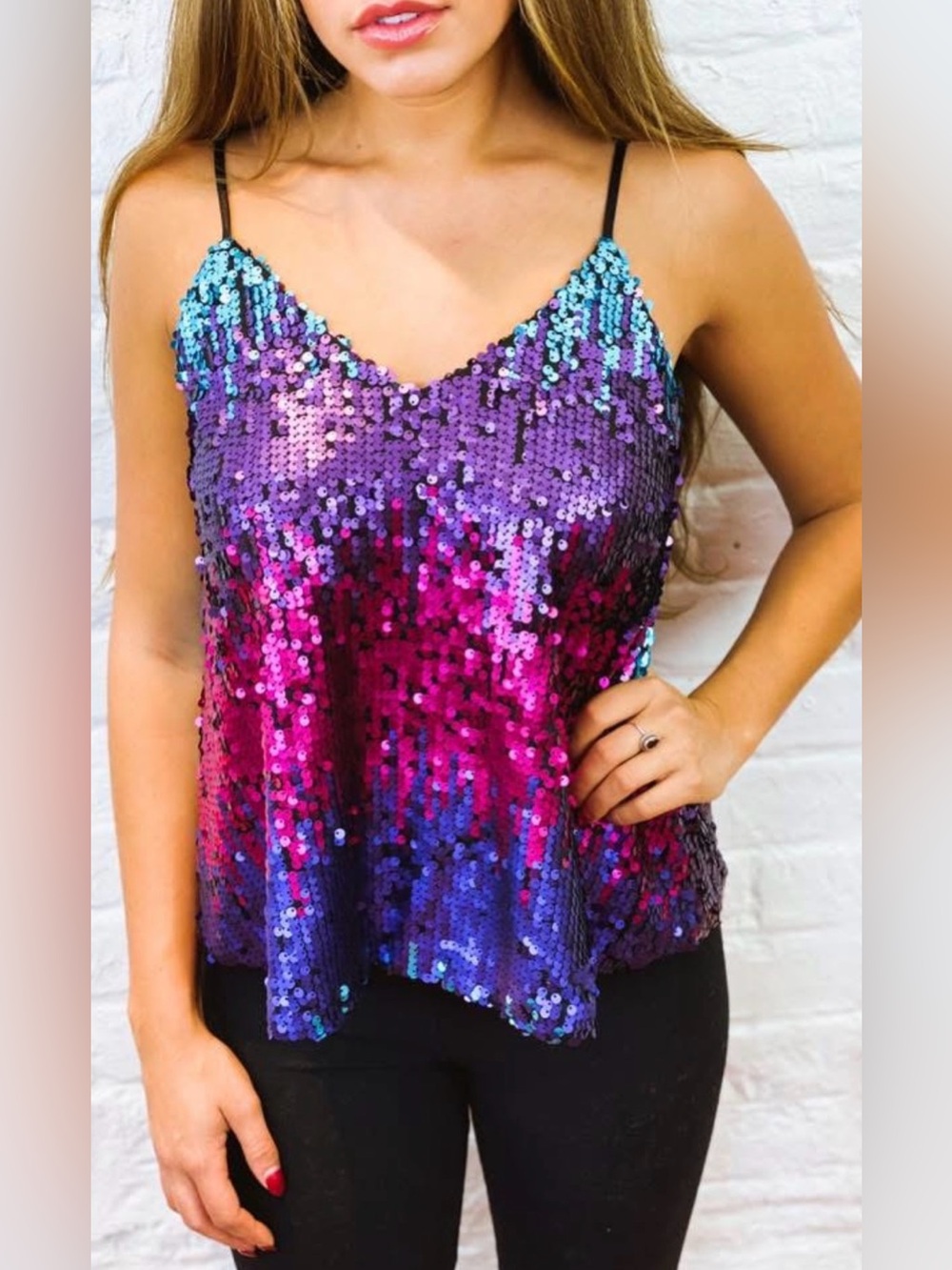 Concert Southern Country Chic Sequin Ombre Camisole Purple Pink Blue Sz Small